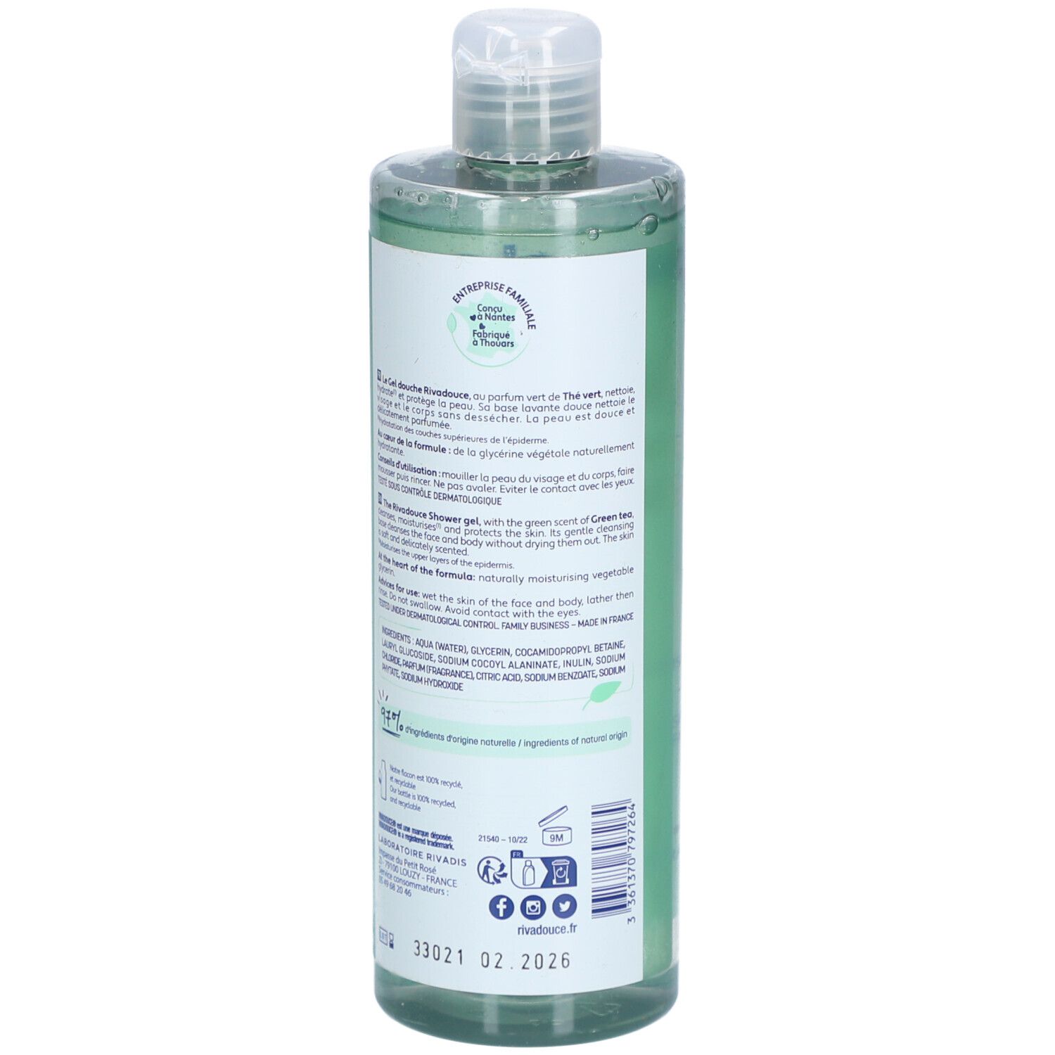 Flacon de gel douche Rivadouce, dos avec texte. Ingrédients, description en français et anglais. Fond vert.