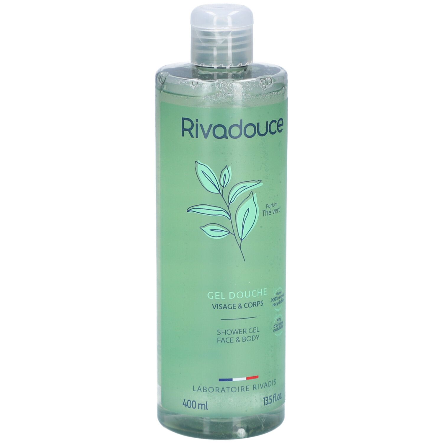 Gel douche Rivadouce, liquide vert en flacon. Inscription: Thé Vert Visage & Corps. Avec des feuilles vertes.