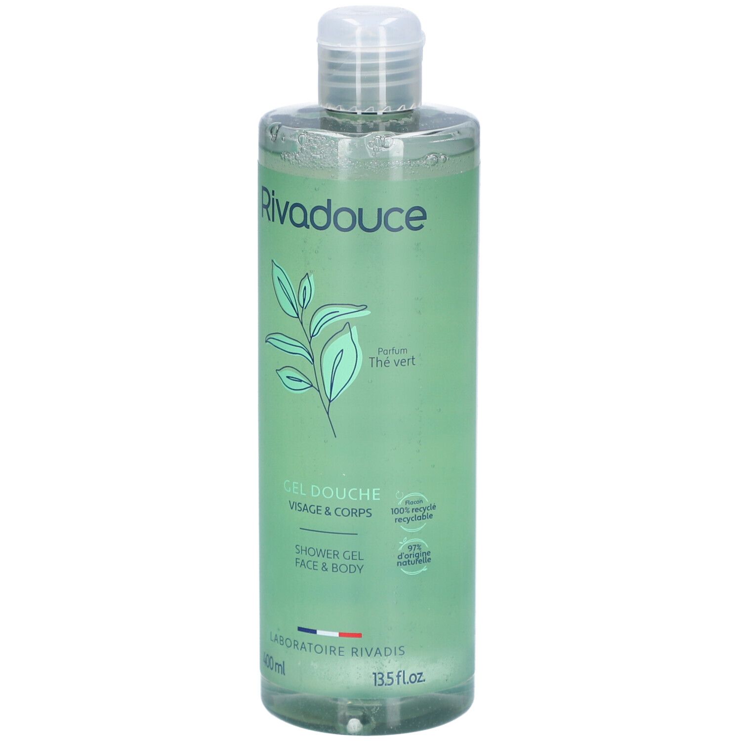 Gel douche Rivadouce, liquide vert en flacon. Inscription: Thé Vert Visage & Corps. Avec des feuilles vertes.