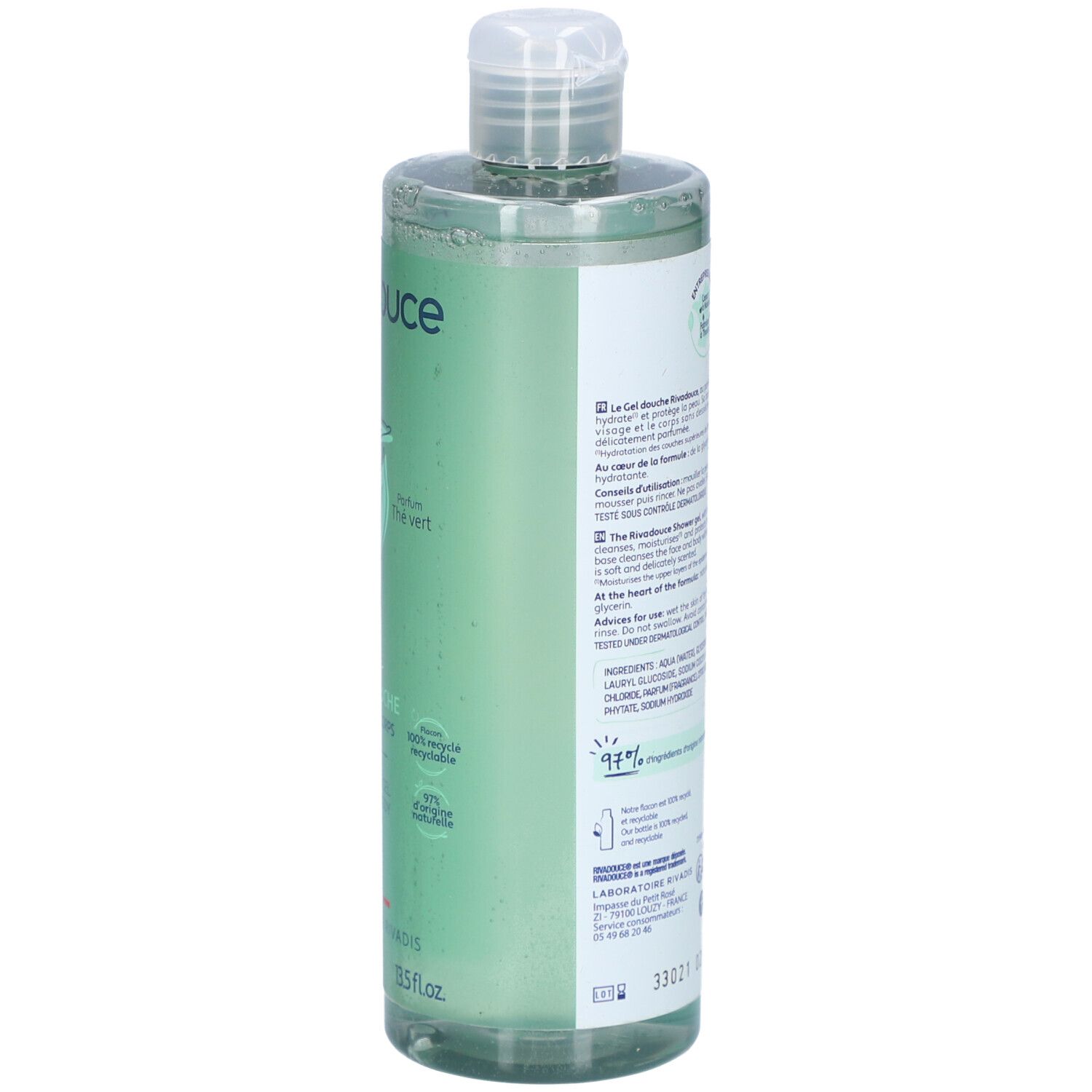 Flacon de gel douche Rivadouce, dos avec texte. Ingrédients, description en français et anglais. Fond vert.