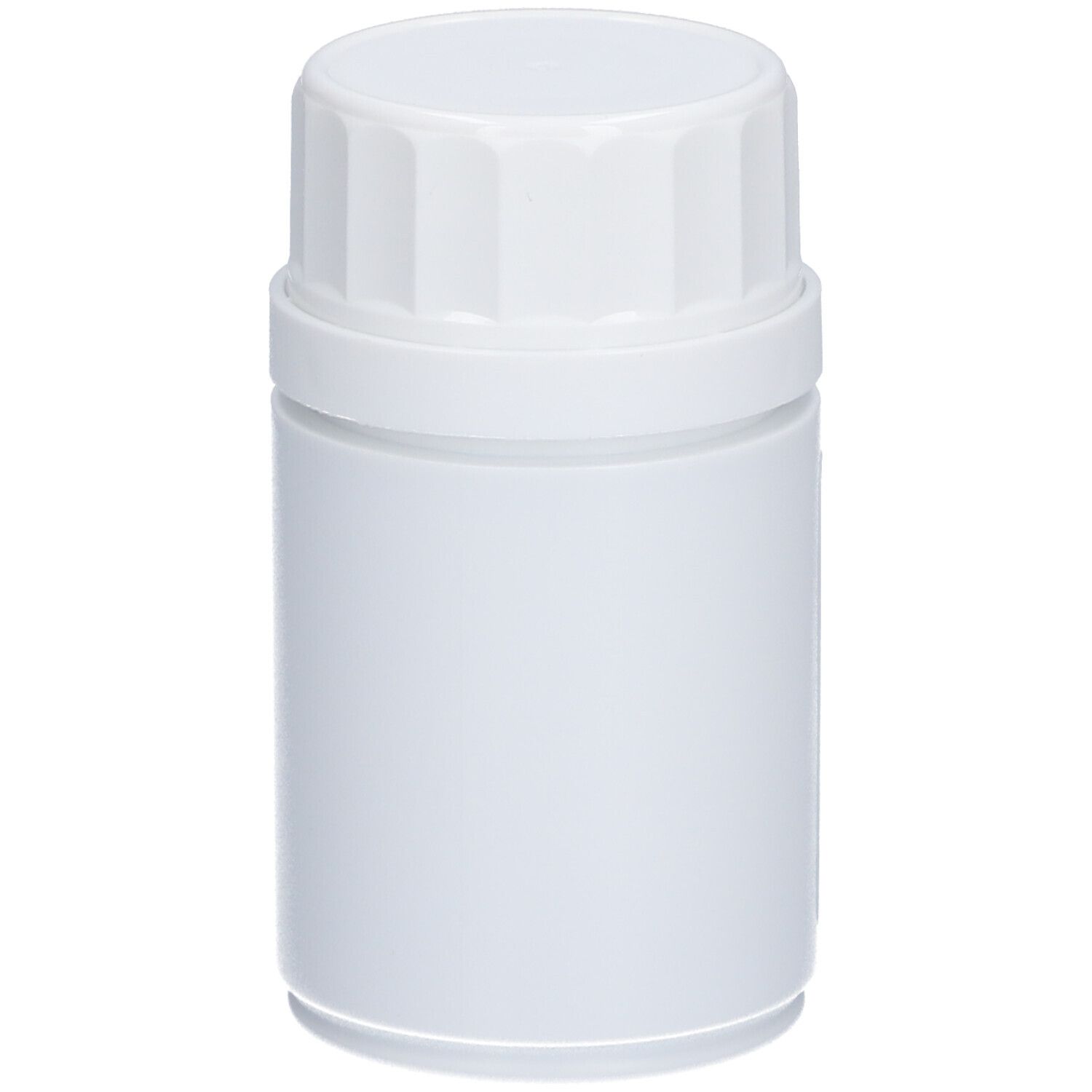 Flacon cylindrique blanc avec couvercle cannelé. Aucune inscription visible.
