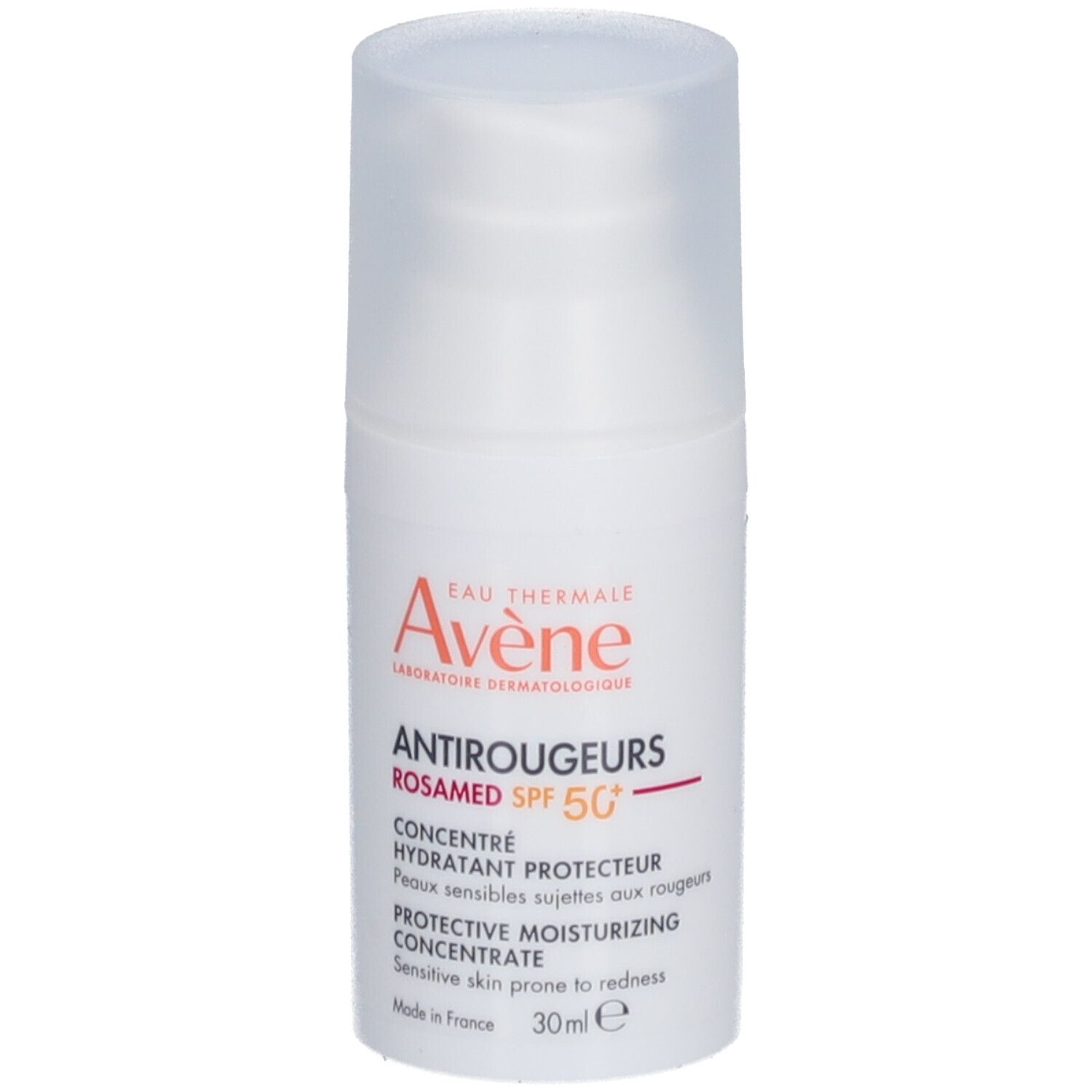 Flacon blanc avec bouchon. Inscription: Avène Antirougeurs ROSAMED SPF 50+. Concentré pour peaux sensibles.