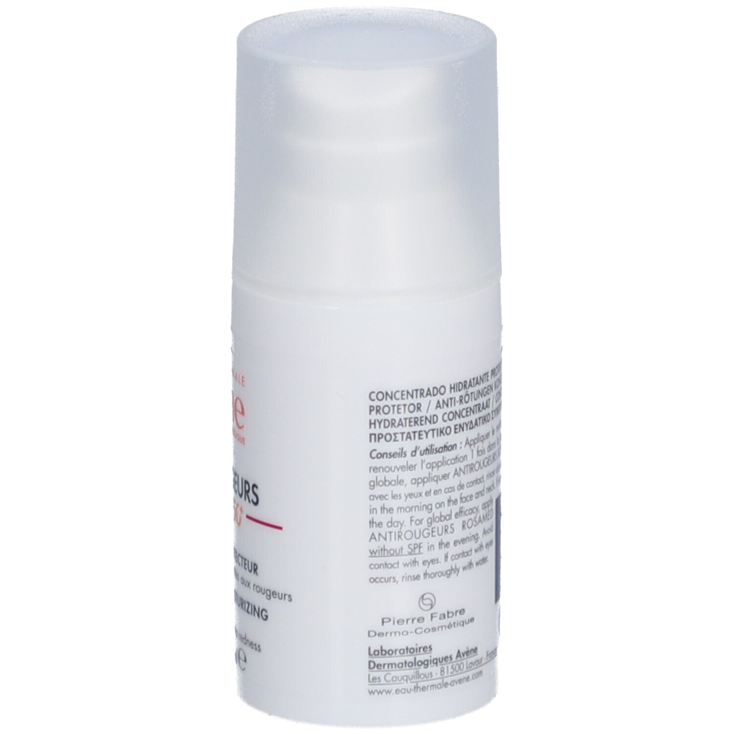 Flacon blanc avec bouchon. Inscription: Avène Antirougeurs ROSAMED. Dos avec texte et conseils d'utilisation.