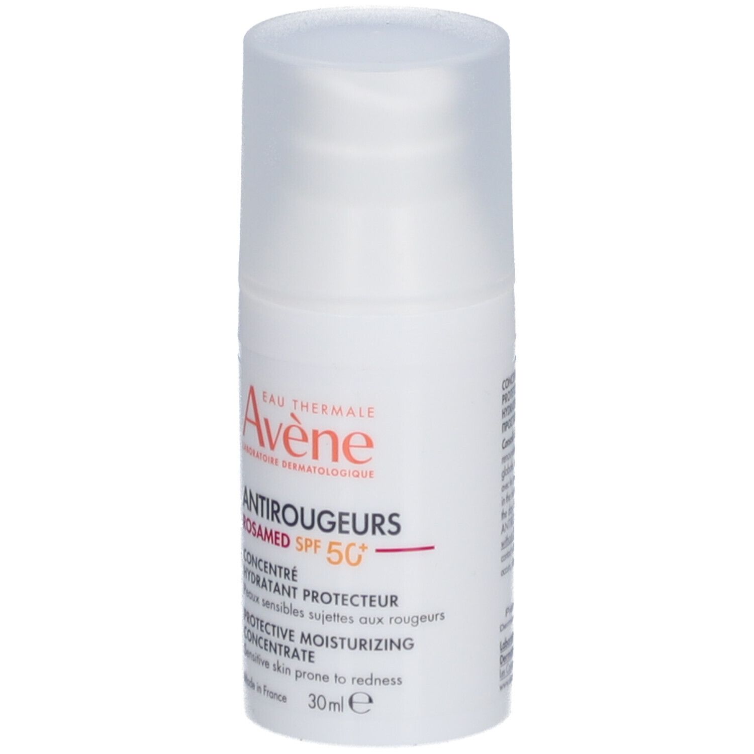 Flacon blanc avec bouchon. Inscription: Avène Antirougeurs ROSAMED SPF 50+. Concentré pour peaux sensibles.