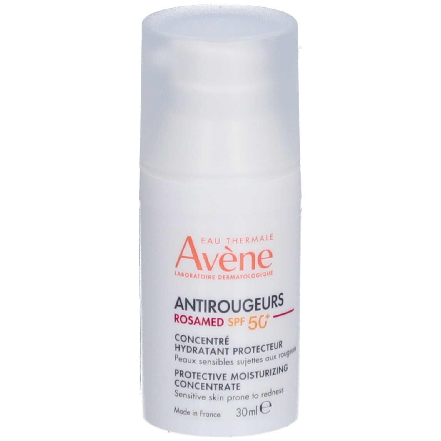 Flacon blanc avec bouchon. Inscription: Avène Antirougeurs ROSAMED SPF 50+. Concentré pour peaux sensibles.