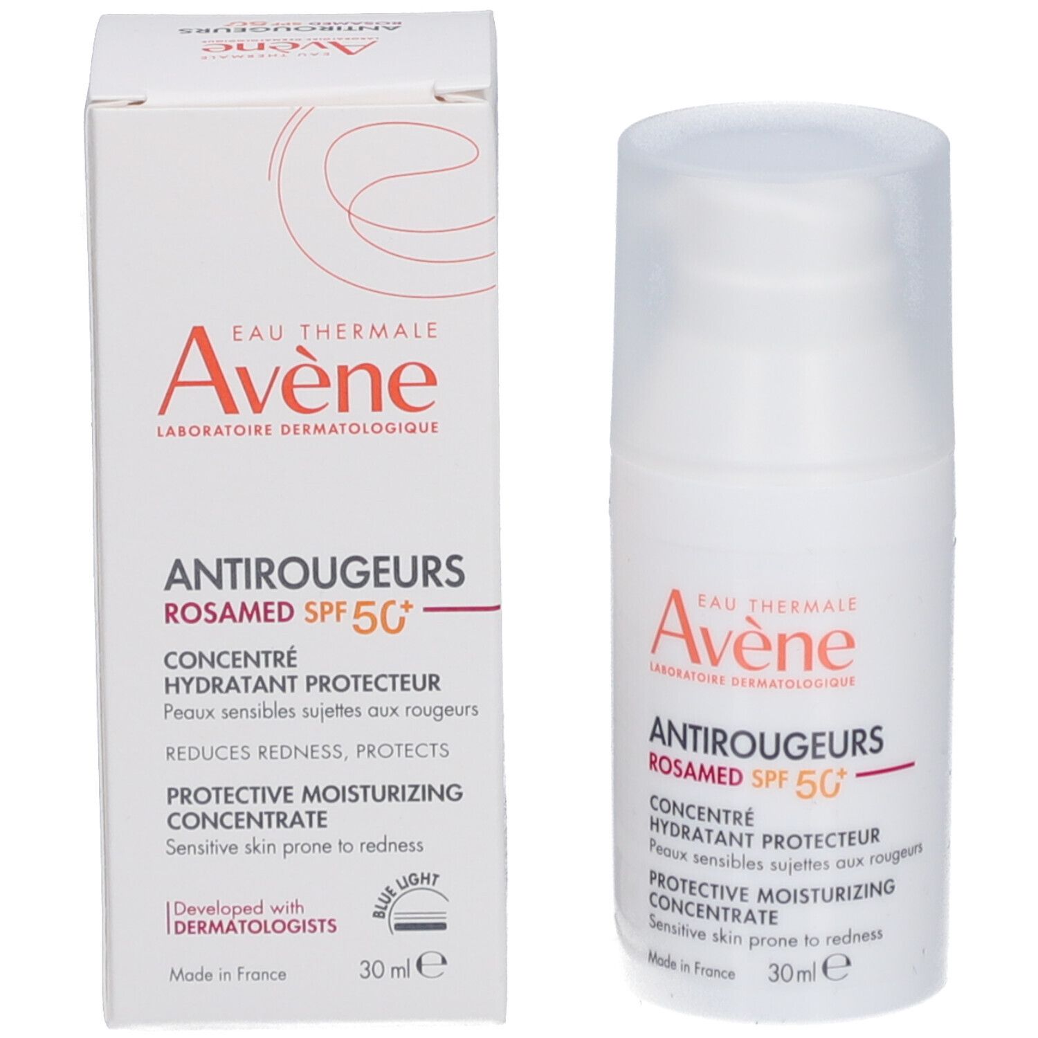 Emballage et flacon. Inscription: Avène Antirougeurs ROSAMED SPF 50+. Concentré pour peaux sensibles.