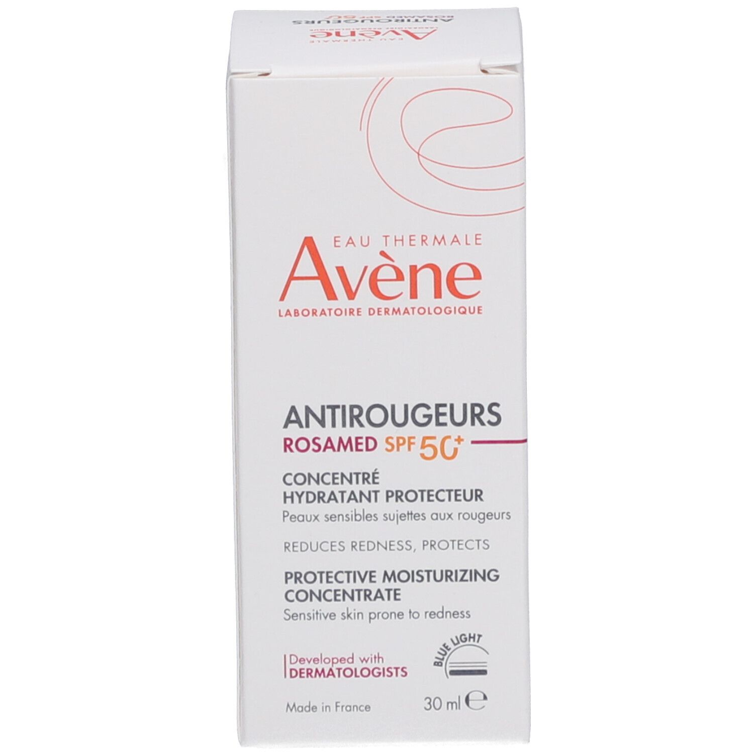 Emballage du produit. Inscription: Avène Antirougeurs ROSAMED SPF 50+. Concentré pour peaux sensibles. 30 ml.