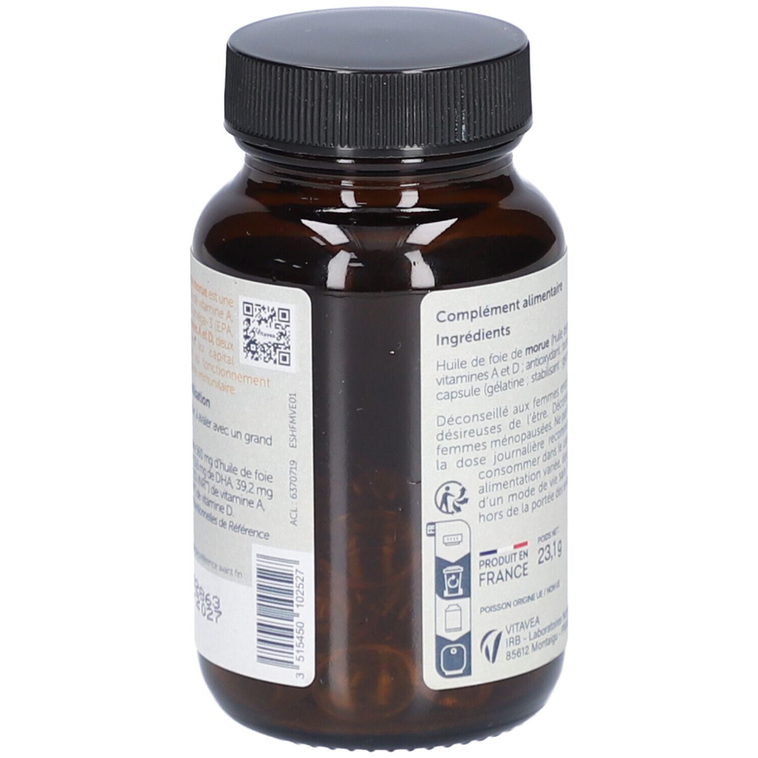 Braune Glasflasche mit schwarzem Deckel. Etikett mit Inhaltsstoffen, QR-Code und Herkunft. Produktgewicht: 23,1 g.