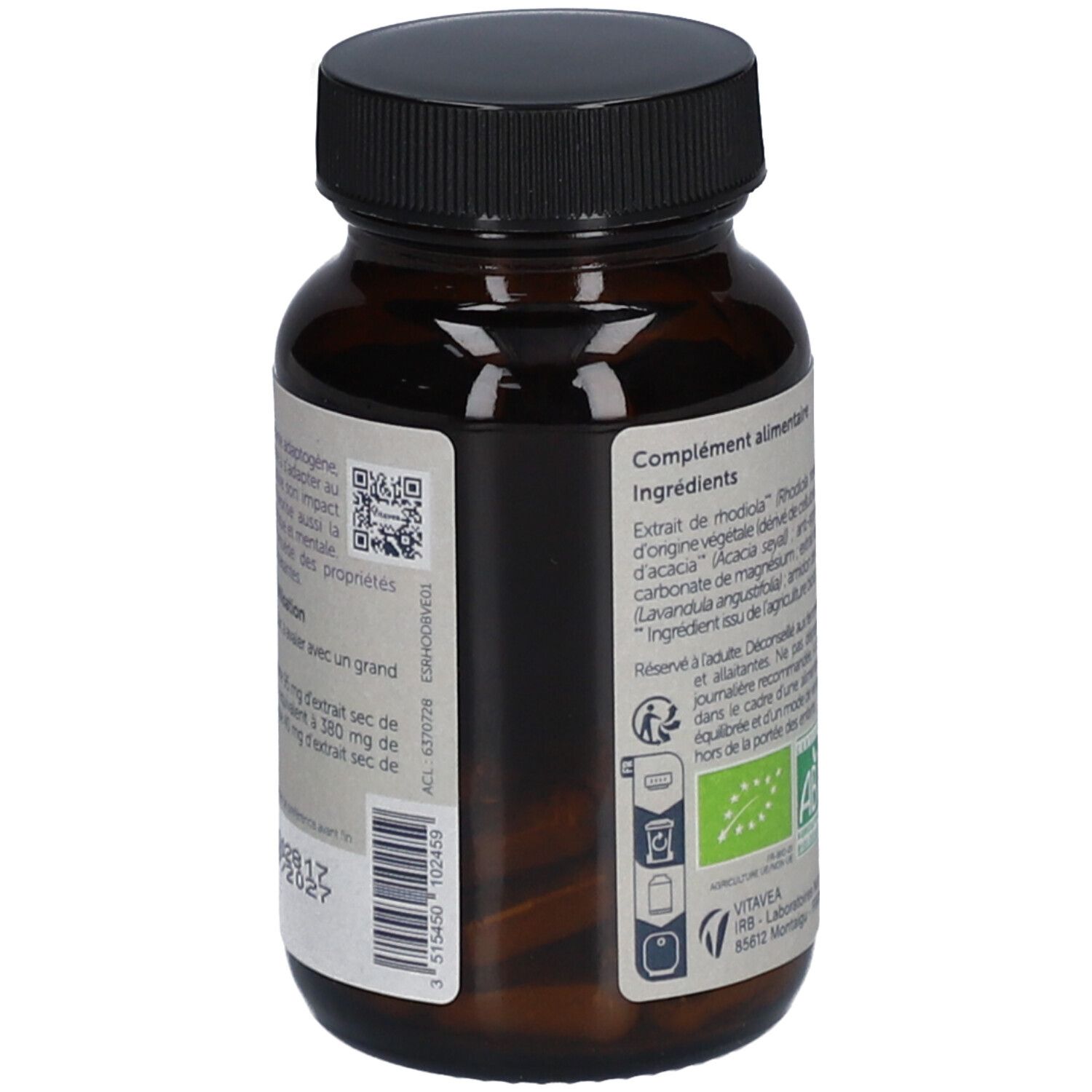 Rückansicht der Flasche. Etikett mit Inhaltsstoffen, QR-Code und Warnhinweisen. Marke Vitavea.
