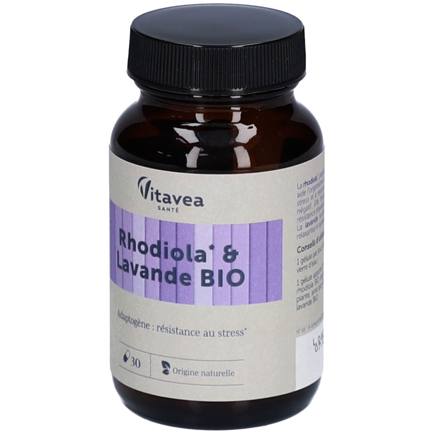 Braune Glasflasche mit schwarzem Deckel. Etikett mit Produktnamen, Inhaltsangabe und 30 Kapseln. Marke Vitavea.