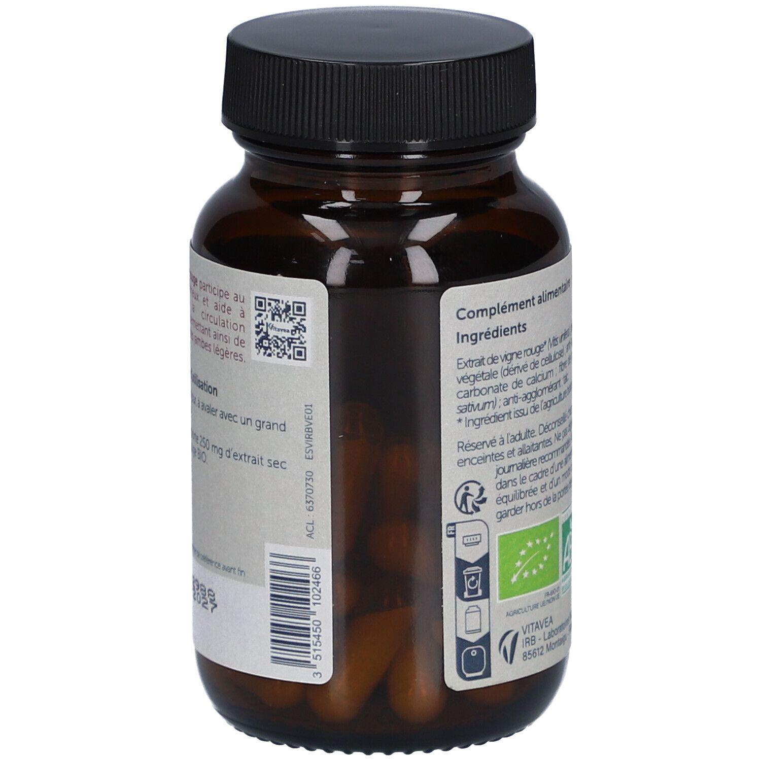 Rückansicht der Flasche mit Inhaltsangaben und QR-Code. Marke: Vitavea. Chargennummer und Verfallsdatum.