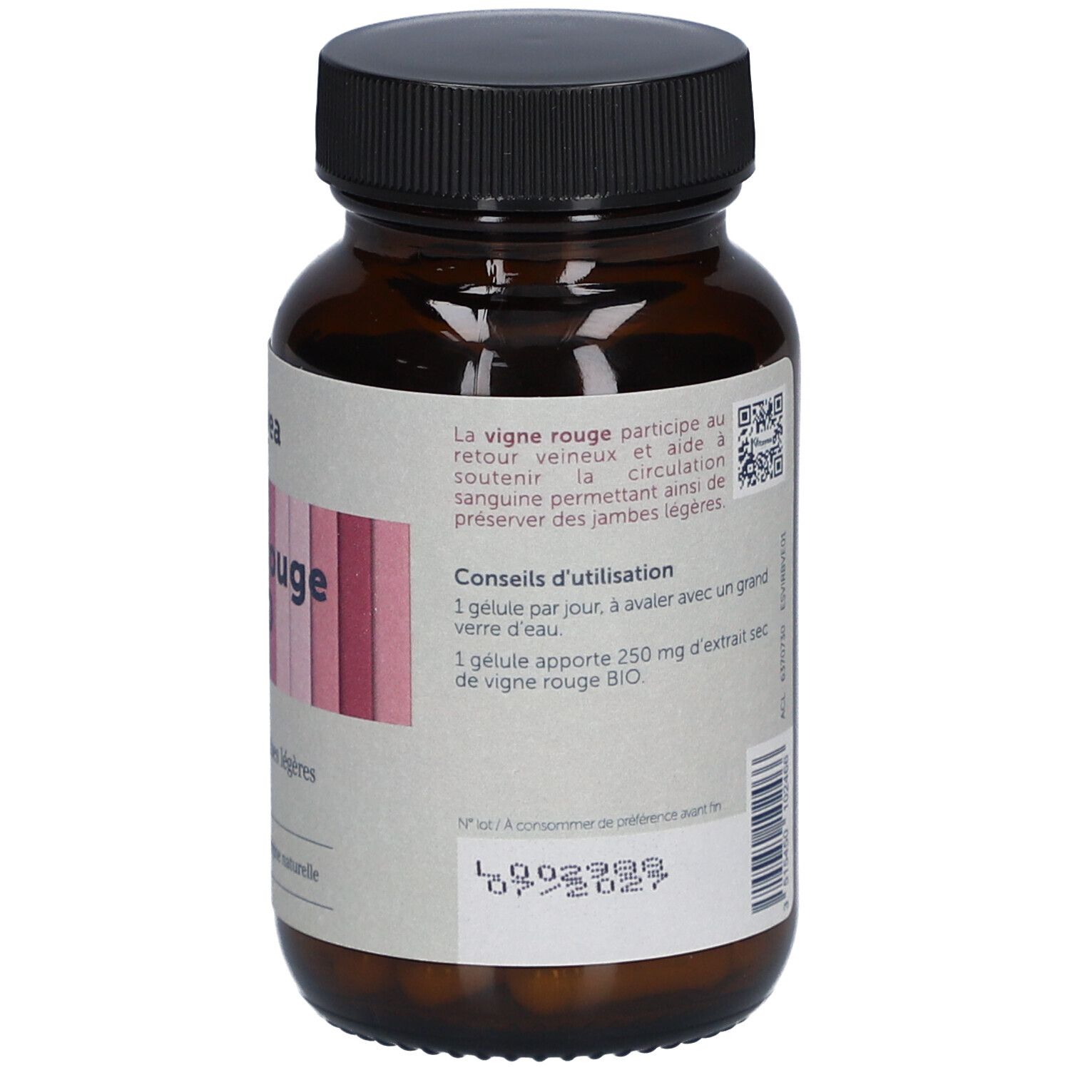 Rückseite der Flasche mit Anwendungshinweisen. Marke: Vitavea. Chargennummer und Verfallsdatum.
