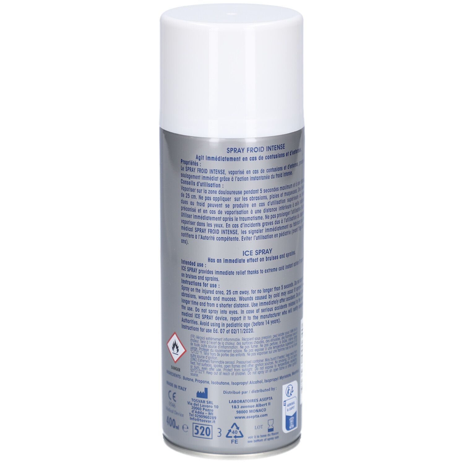 Dos du spray. Texte multilingue. Avertissements et informations de sécurité. Design argenté et blanc.