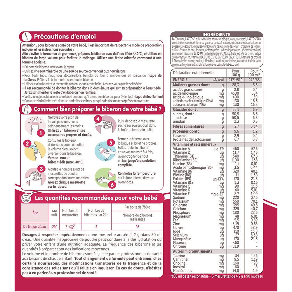 Dos de la boîte Guigoz Expert AR mix. Conseils d'utilisation et informations nutritionnelles.