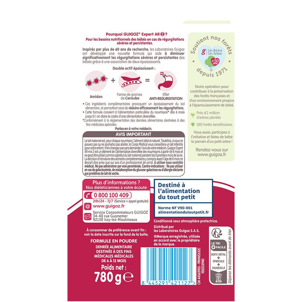 Dos de la boîte Guigoz Expert AR mix. Informations sur les ingrédients et le fabricant.