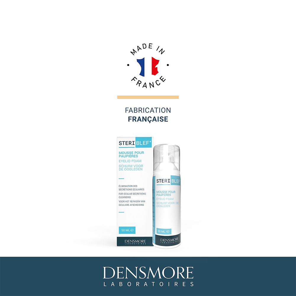Produit et emballage. Inscription : STERIBLEF, Mousse pour paupières, Eyelid foam, 50 ml. Fabriqué en France.