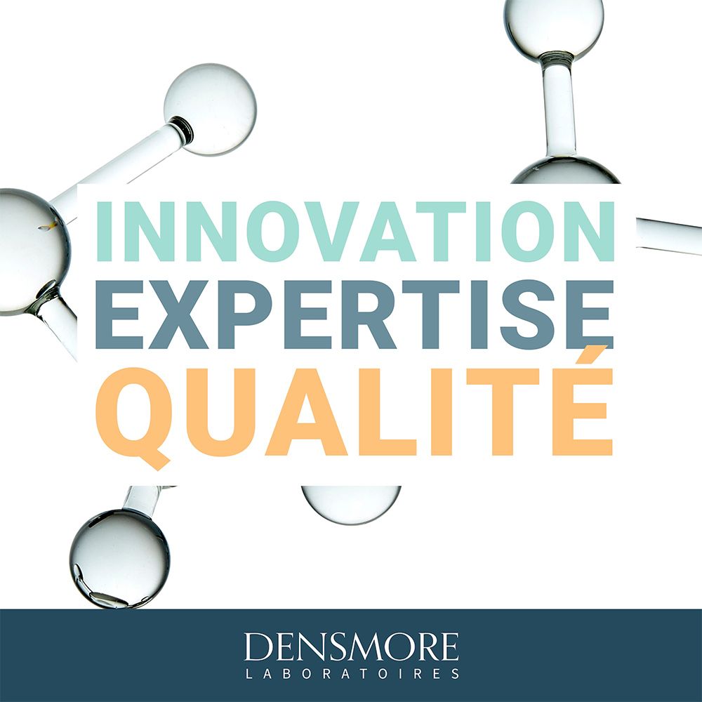 Texte sur fond bleu. Mots : INNOVATION, EXPERTISE, QUALITÉ. Marque : Densmore Laboratoires.