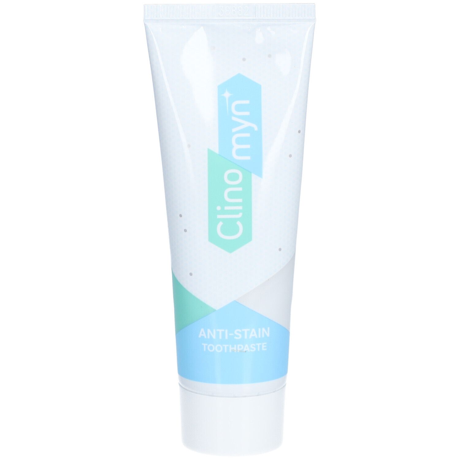 Zahncreme-Tube, weiß, mit blau-grünen Akzenten. Schriftzug: Clino myn, Anti-Flecken-Zahnpasta.