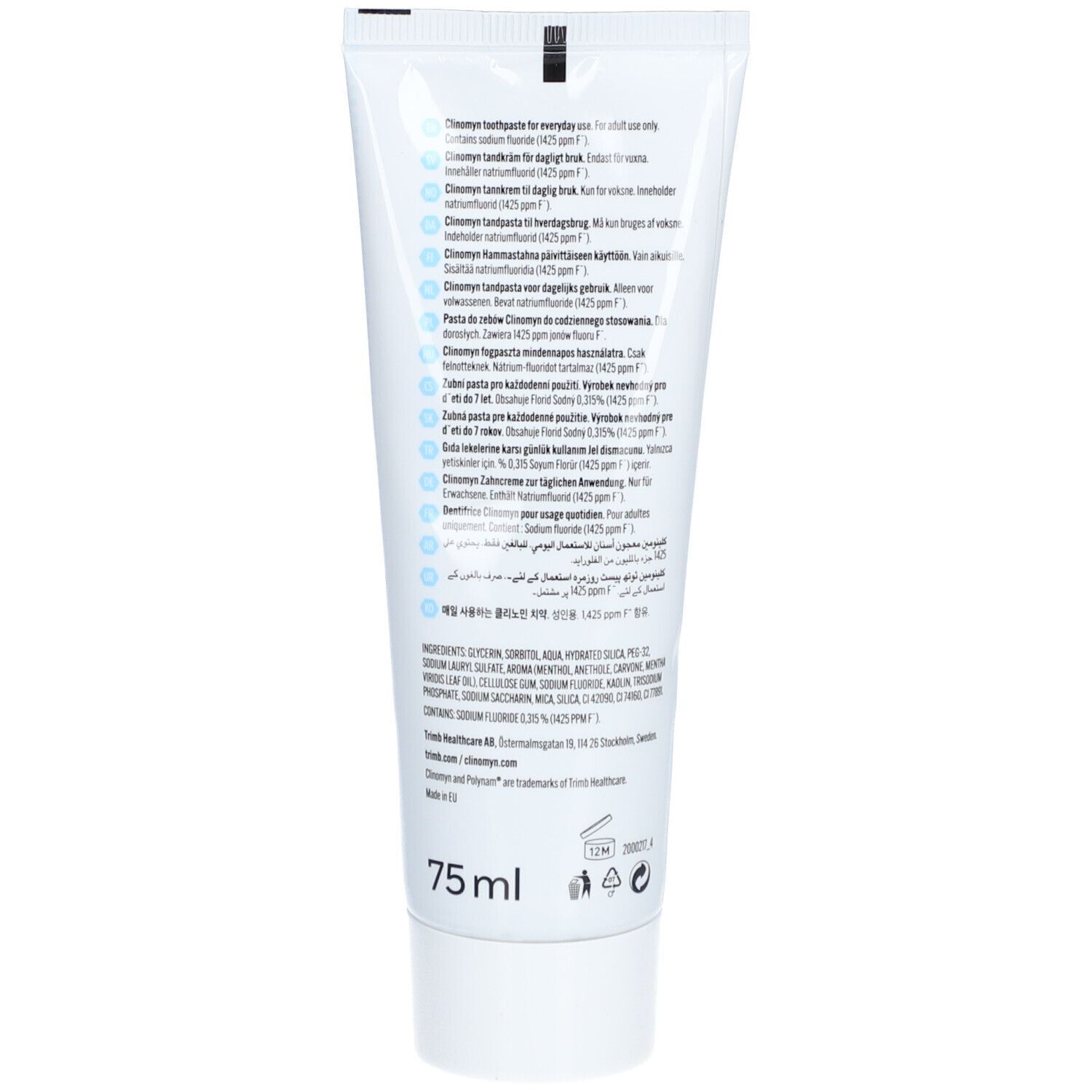 Rückseite der Zahncreme-Tube. Text in mehreren Sprachen. Inhaltsstoffe und Volumenangabe: 75 ml.