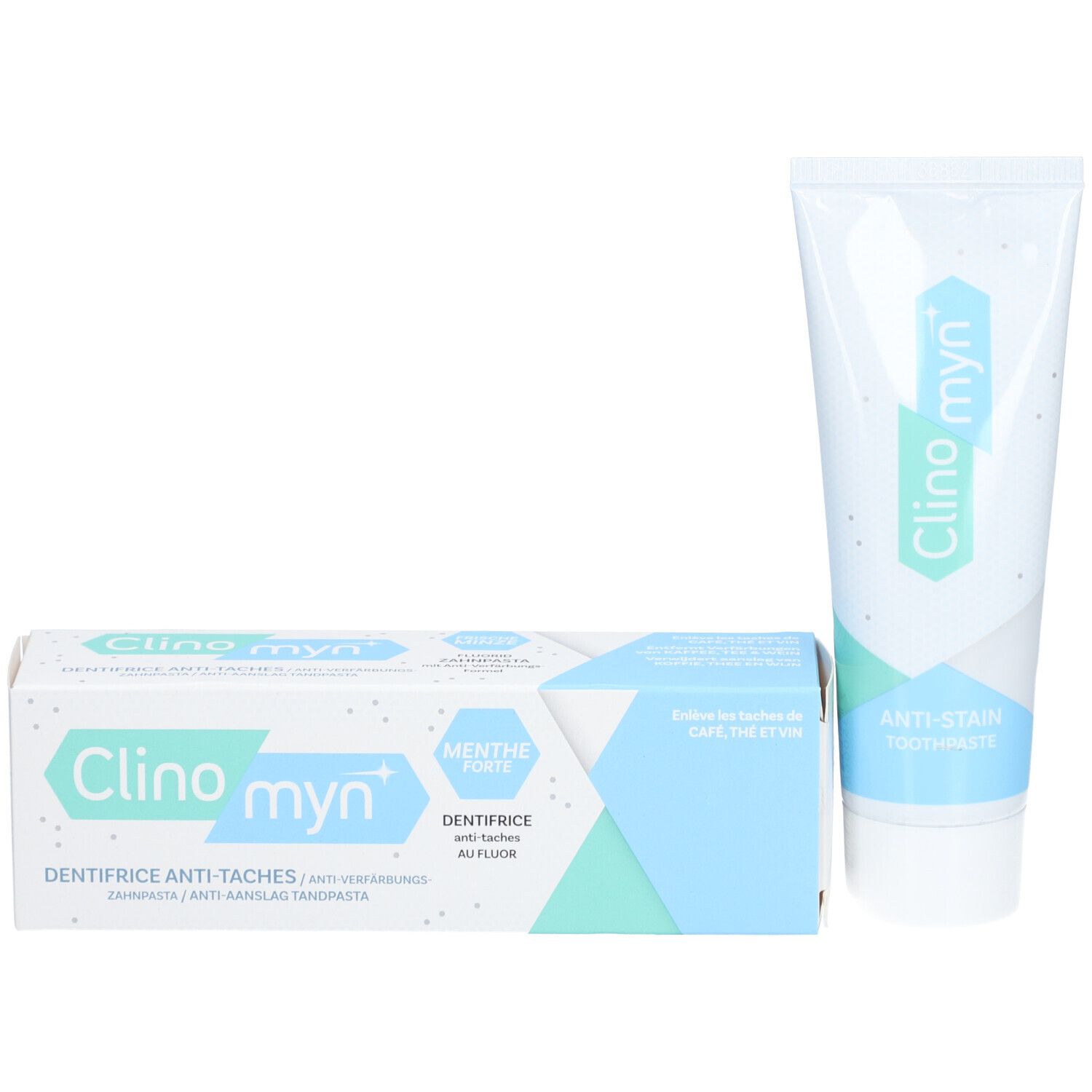 Zahncreme-Tube und Schachtel. Schachtel mit Schriftzug: Clino myn, Anti-Flecken, Menthe Forte.