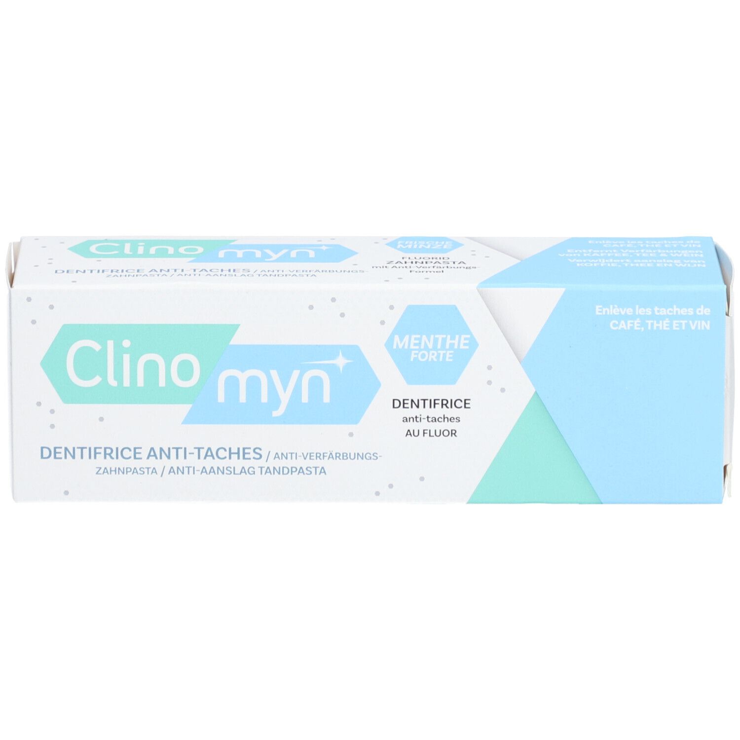 Zahncreme-Schachtel, weiß-blau. Schriftzug: Clino myn, Anti-Flecken, Menthe Forte, Dentifrice.