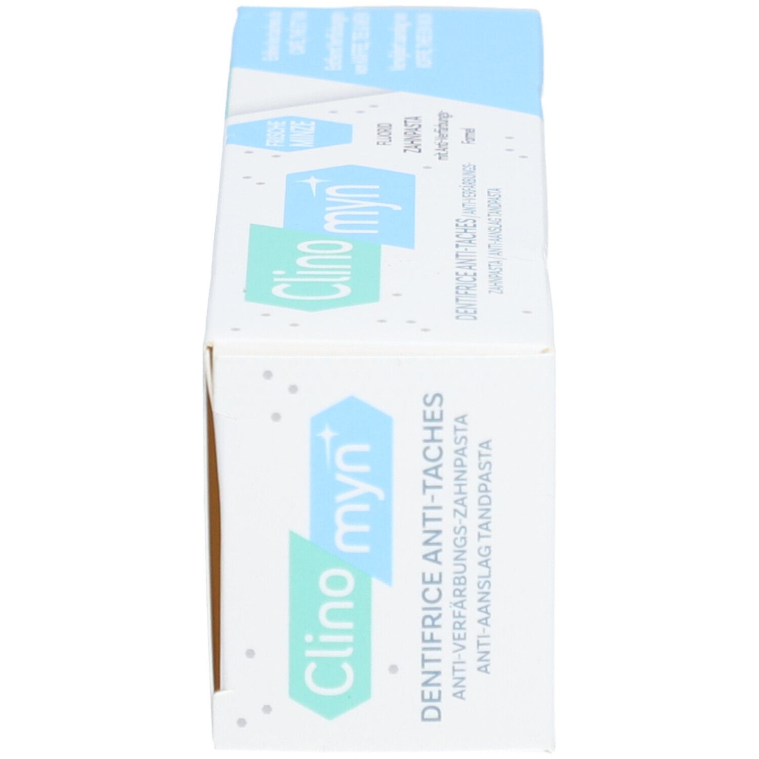 Zahncreme-Schachtel, Seitenansicht. Schriftzug: Clino myn, Anti-Flecken, Dentifrice.