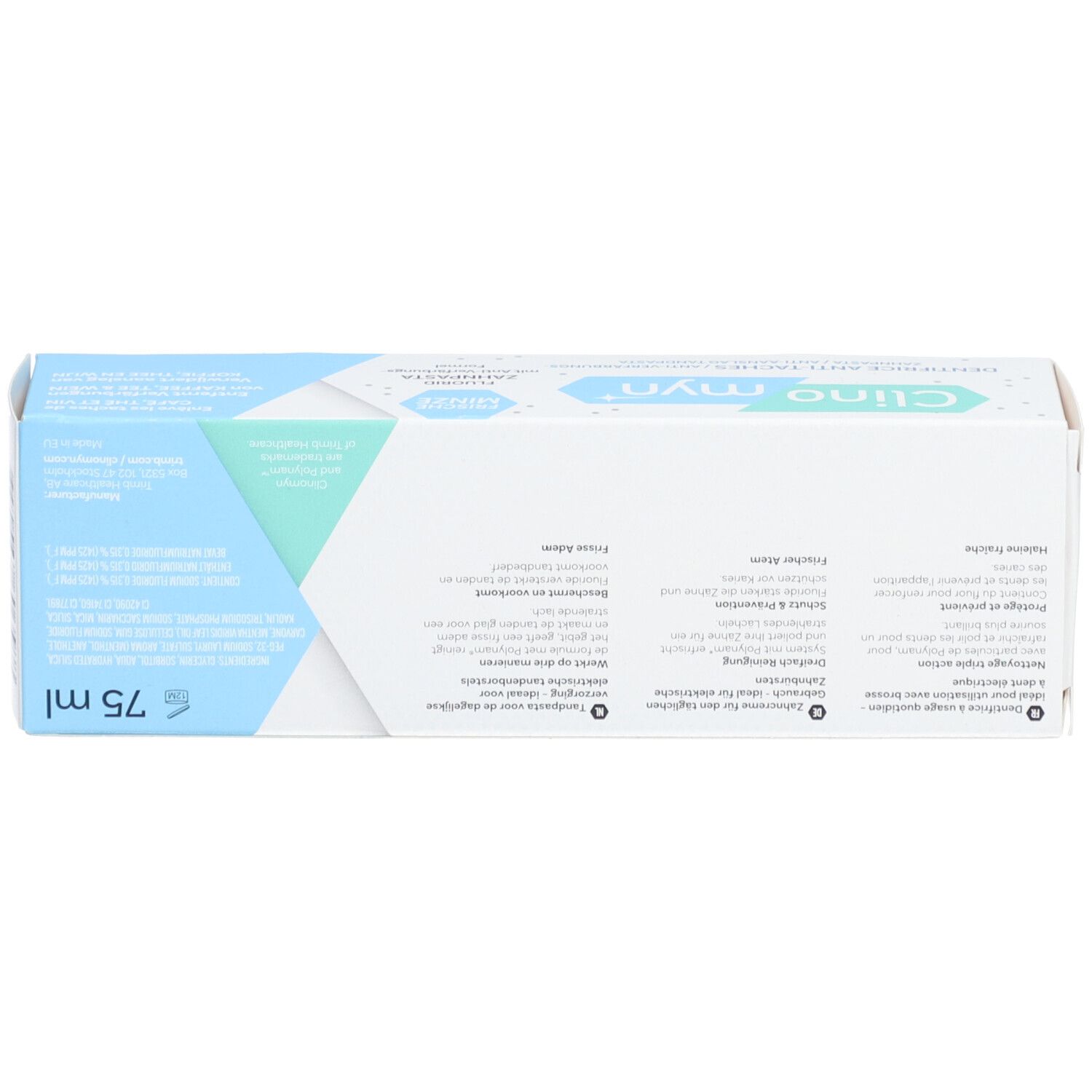 Zahncreme-Schachtel, Oberseite. Schriftzug: Clino myn, 75 ml. Text in mehreren Sprachen.