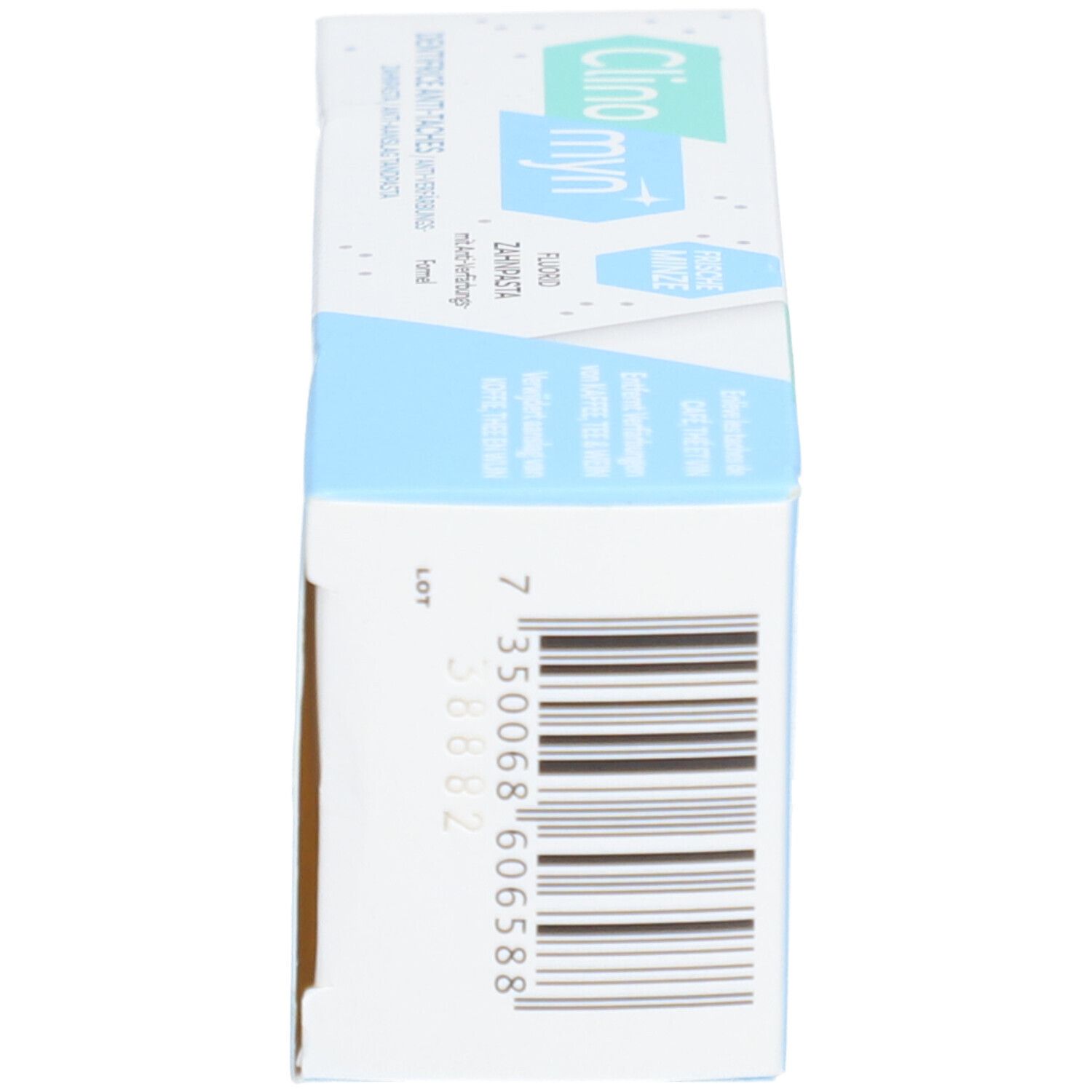 Zahncreme-Schachtel, Seitenansicht mit Barcode. Schriftzug: Clino myn.