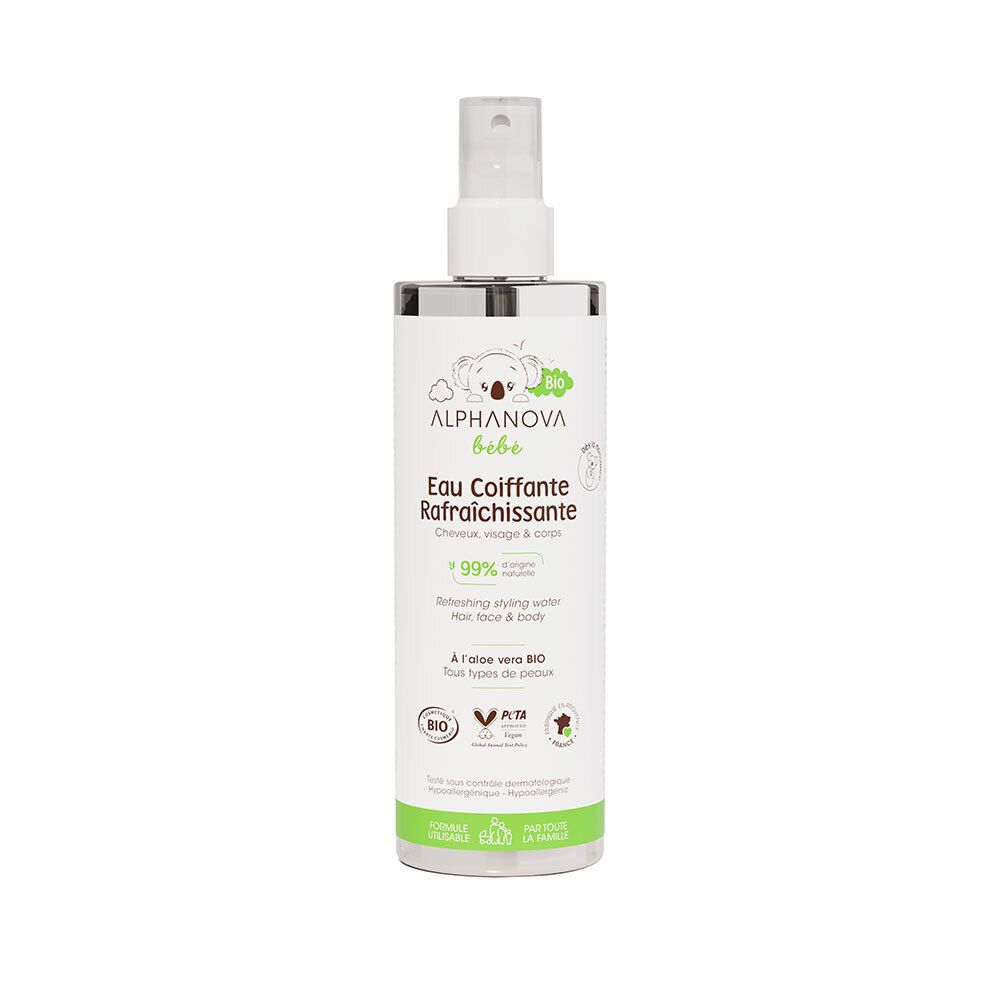 ALPHANOVA Baby Erfrischendes Stylingwasser. Weiße Sprühflasche mit grünem Etikett. Text: EAU Coiffante Rafraichissante.