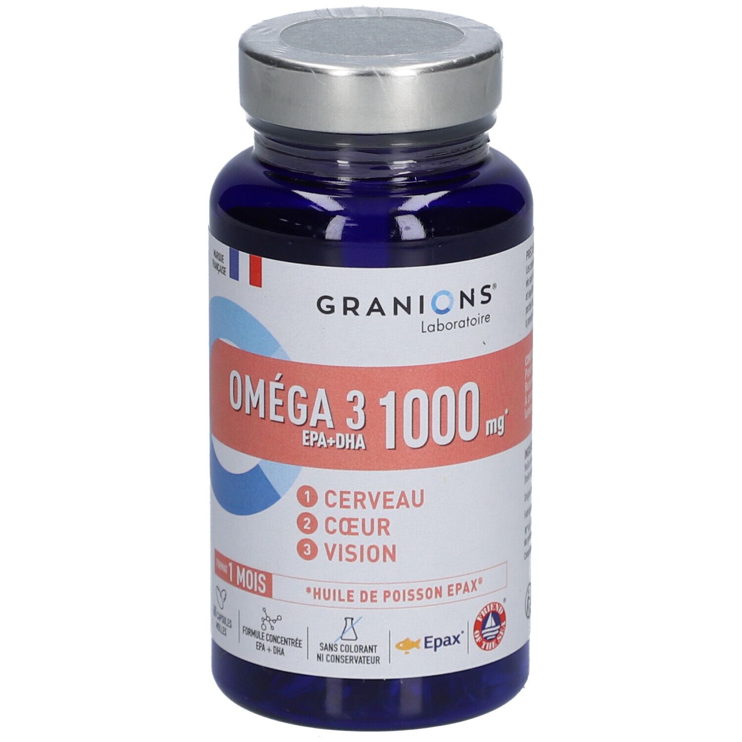 Flacon bleu de gélules. Inscription: Oméga 3 1000 mg, EPA+DHA. Marque: Granions. Logo drapeau français.