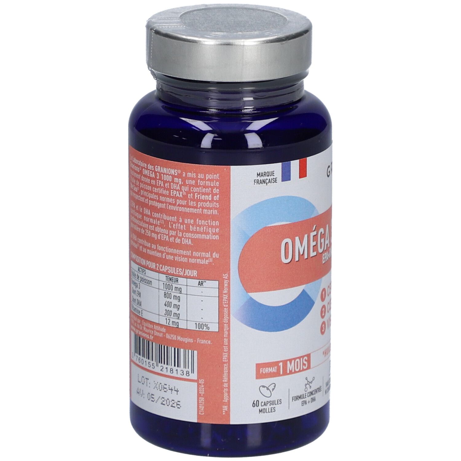 Flacon bleu de gélules. Inscription: Oméga 3 1000 mg, EPA+DHA. Marque: Granions. Dos avec informations et ingrédients.