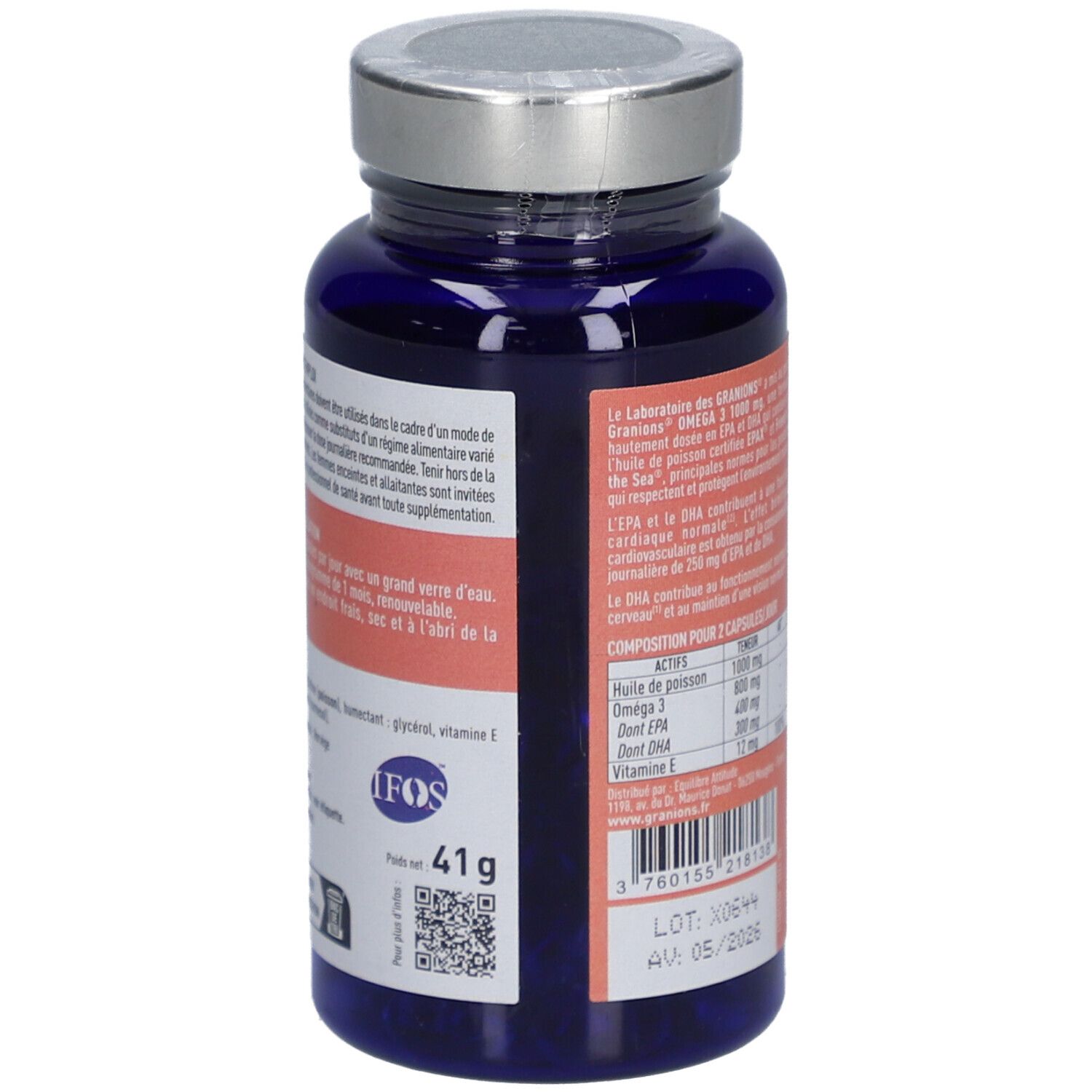 Flacon bleu de gélules. Inscription: Oméga 3 1000 mg, EPA+DHA. Marque: Granions. Dos avec informations et ingrédients.