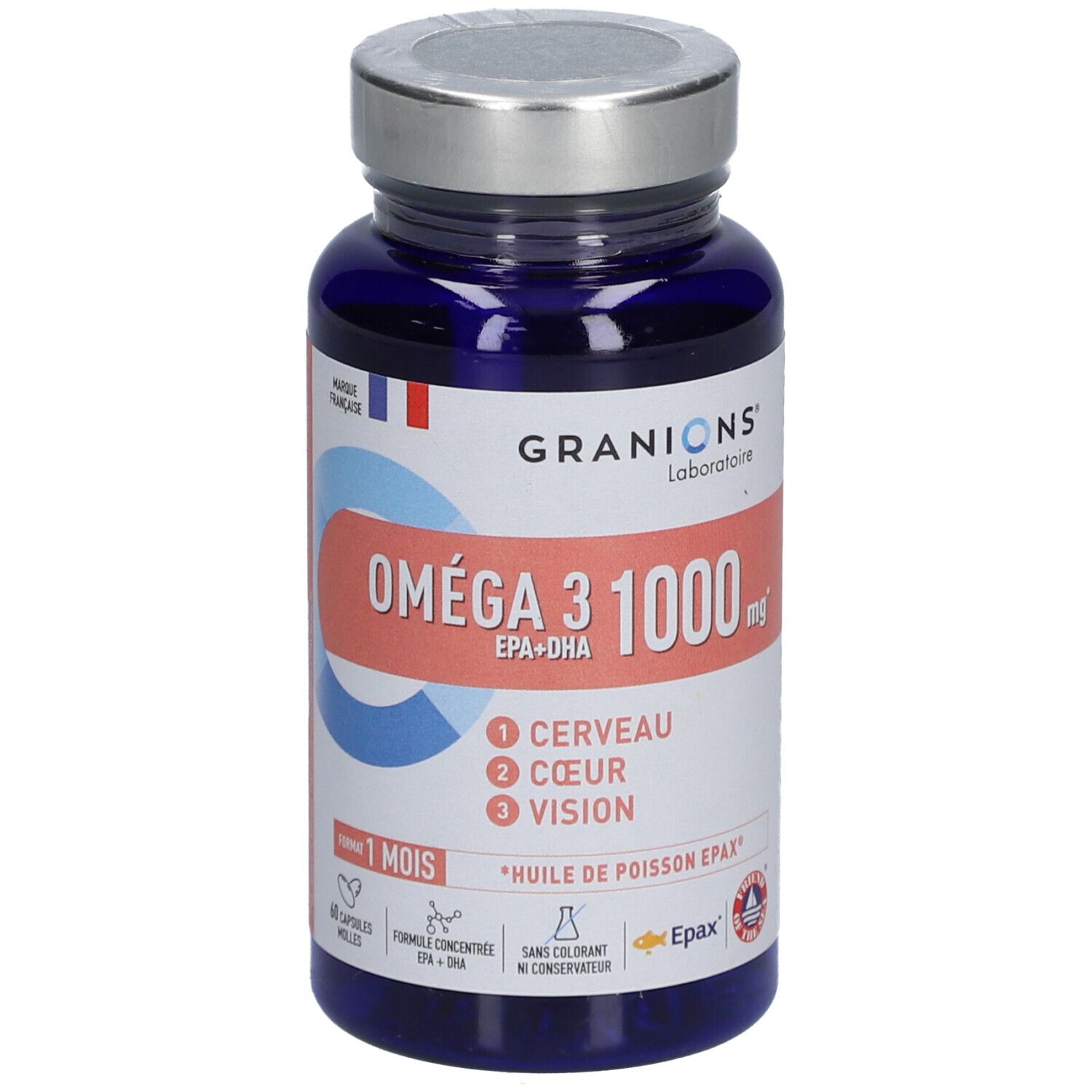 Flacon bleu de gélules. Inscription: Oméga 3 1000 mg, EPA+DHA. Marque: Granions. Logo drapeau français.