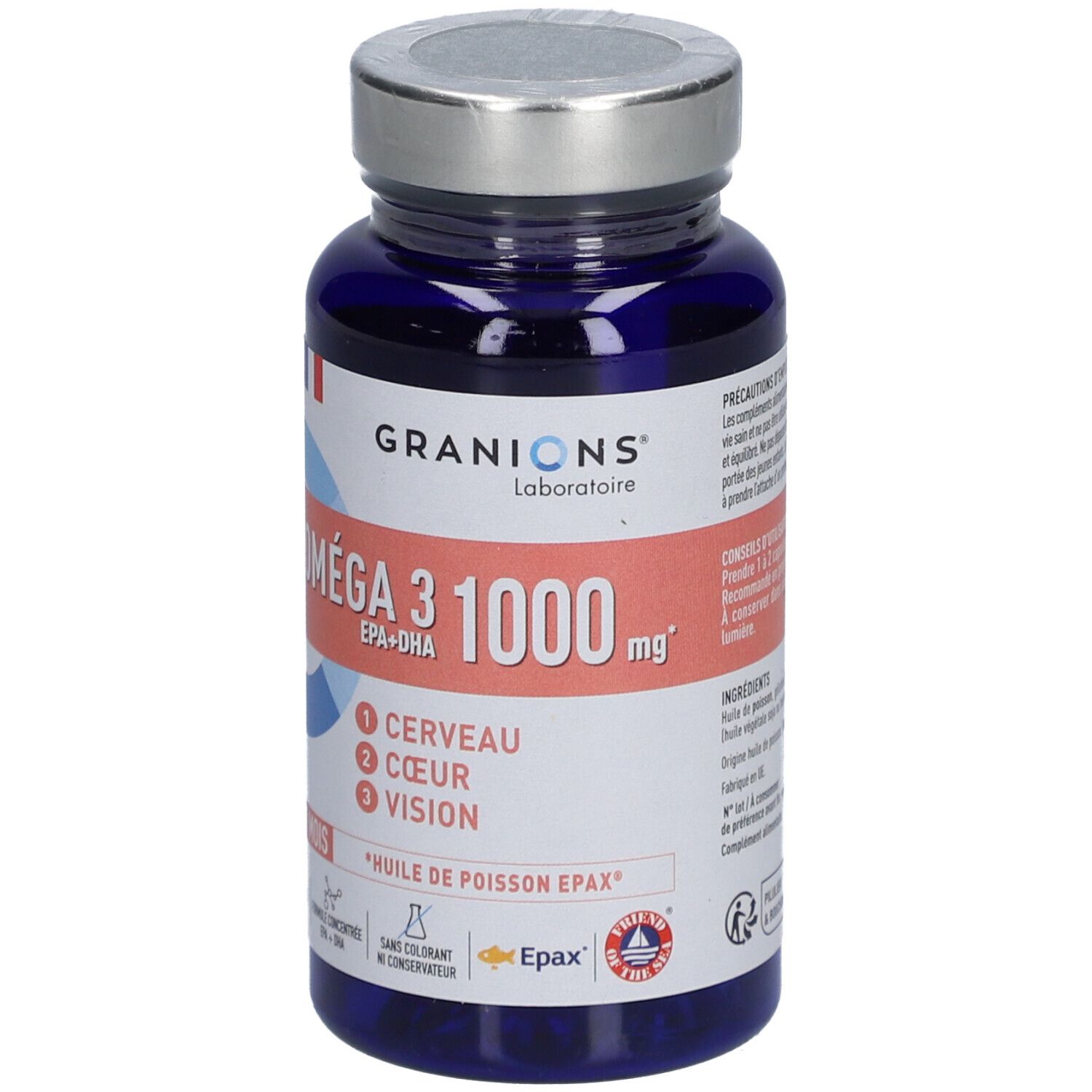 Flacon bleu de gélules. Inscription: Oméga 3 1000 mg, EPA+DHA. Marque: Granions. Logo drapeau français.