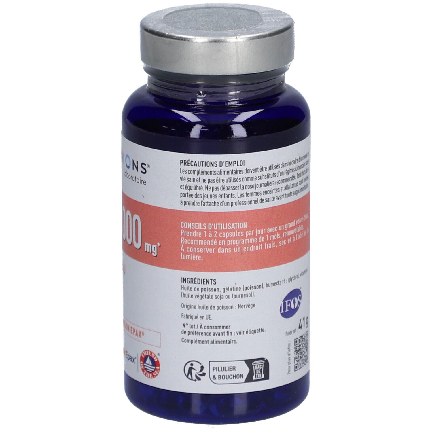Flacon bleu de gélules. Inscription: Oméga 3 1000 mg, EPA+DHA. Marque: Granions. Dos avec informations et ingrédients.