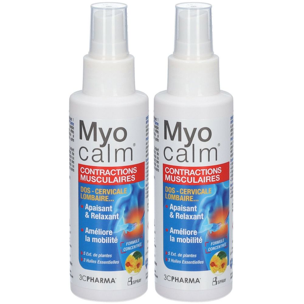 Twee witte sprayflessen met rode en blauwe labels. Opschrift: Myocalm, Contractions musculaires, 3C Pharma.