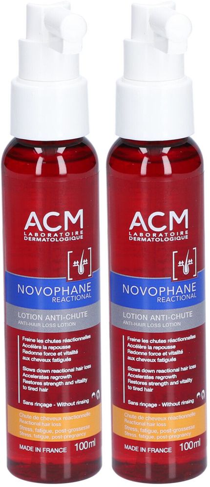 Zwei Flaschen mit roter Flüssigkeit. Aufschrift: ACM Novophane Reactional Lotion Anti-Haarausfall. Weiße Sprühköpfe.