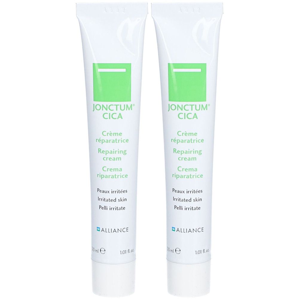 Zwei Tuben JONCTUM CICA Crème réparatrice. Weiße Tuben mit grünen Akzenten und Text. Marke: ALLIANCE.