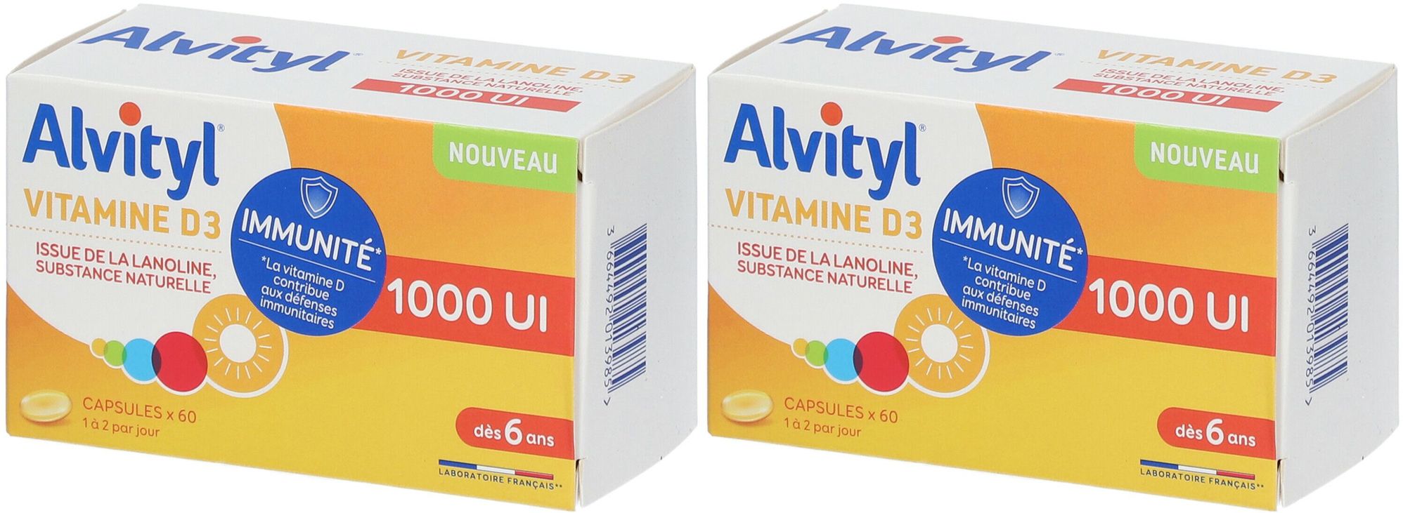 Deux boîtes de ALVITYL® Vitamine D3. Inscription : Vitamine D3, 1000 UI, Immunité. Emballage jaune et blanc avec éléments colorés.