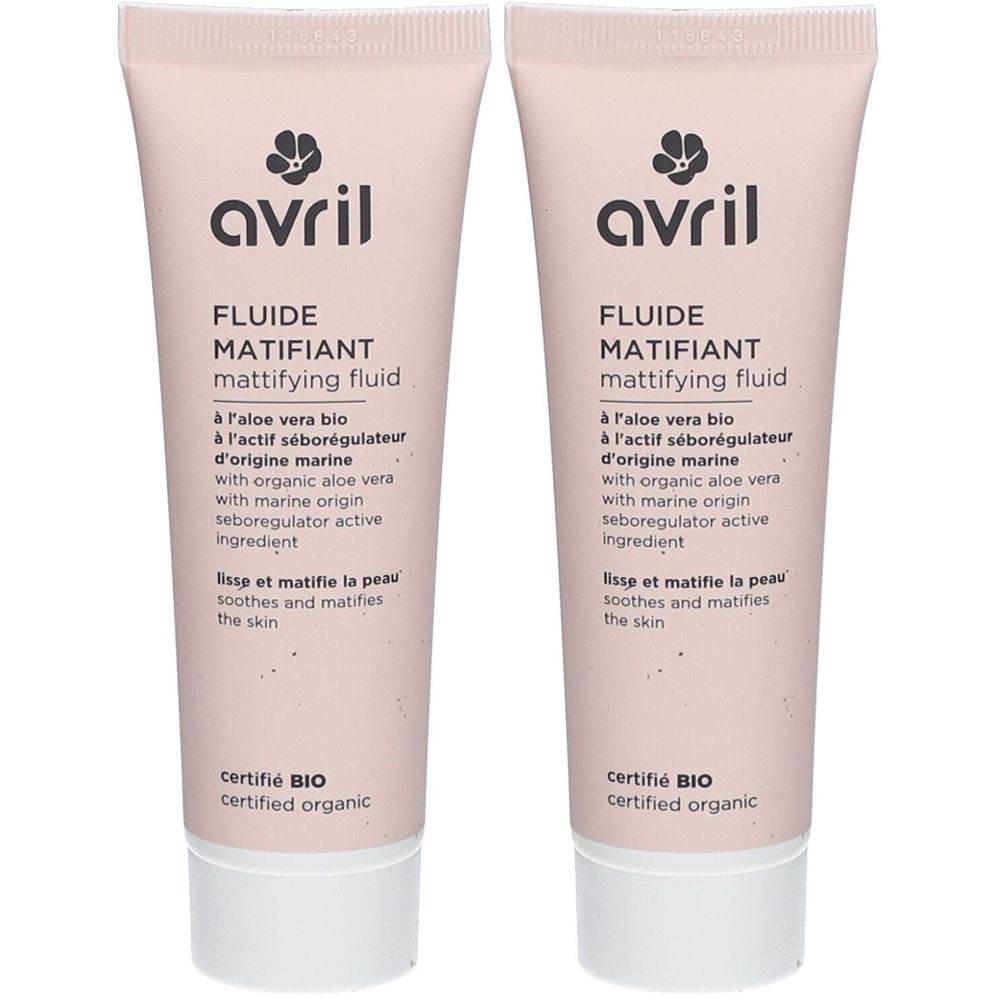 Zwei Tuben mit rosa Farbton. Aufschrift: avril, Fluide Matifiant. Zertifiziertes Bio-Siegel. Weiße Verschlusskappe.