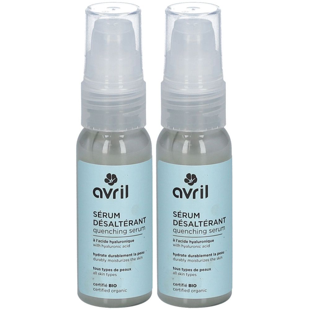 Twee serumflacons met verstuiver. Opschrift: Avril, Sérum désaltérant quenching serum, met hyaluronzuur. Gecertificeerd Bio.