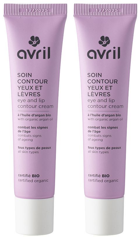 Zwei Tuben Avril Soin Contour des Yeux et Lèvres. Lila Tuben mit weißem Verschluss. Text: "Certifié BIO".