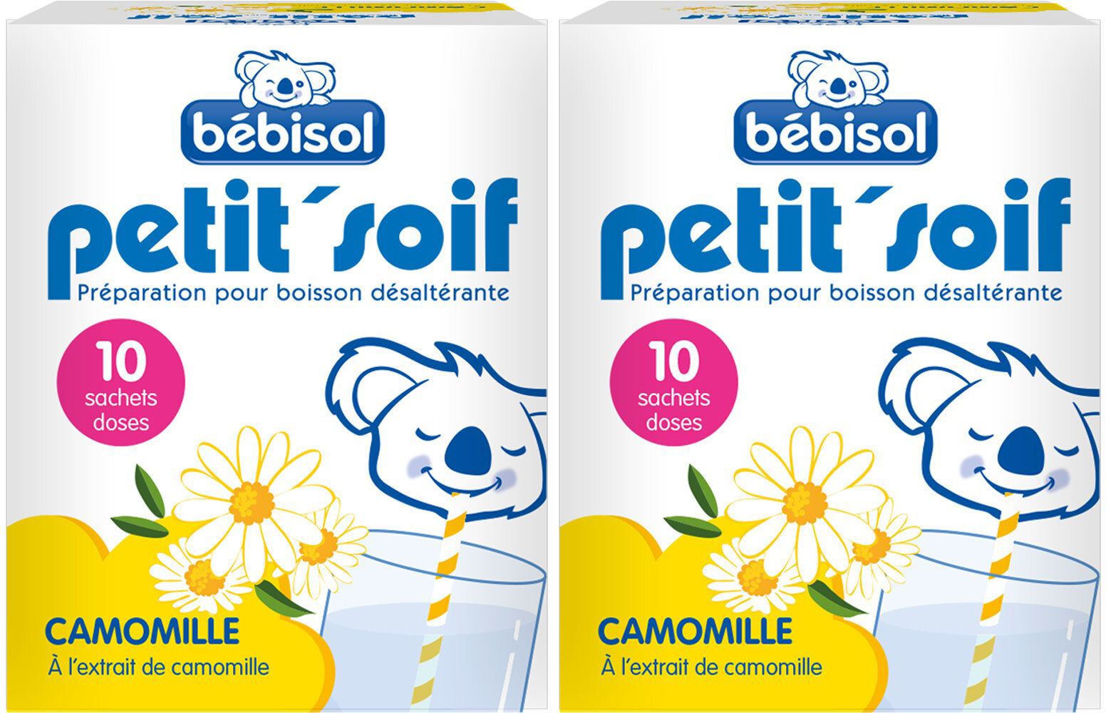 Deux boîtes de bébisol petit'soif Kamille. Inscription: 10 sachets doses. Illustration de fleurs de camomille et koala.