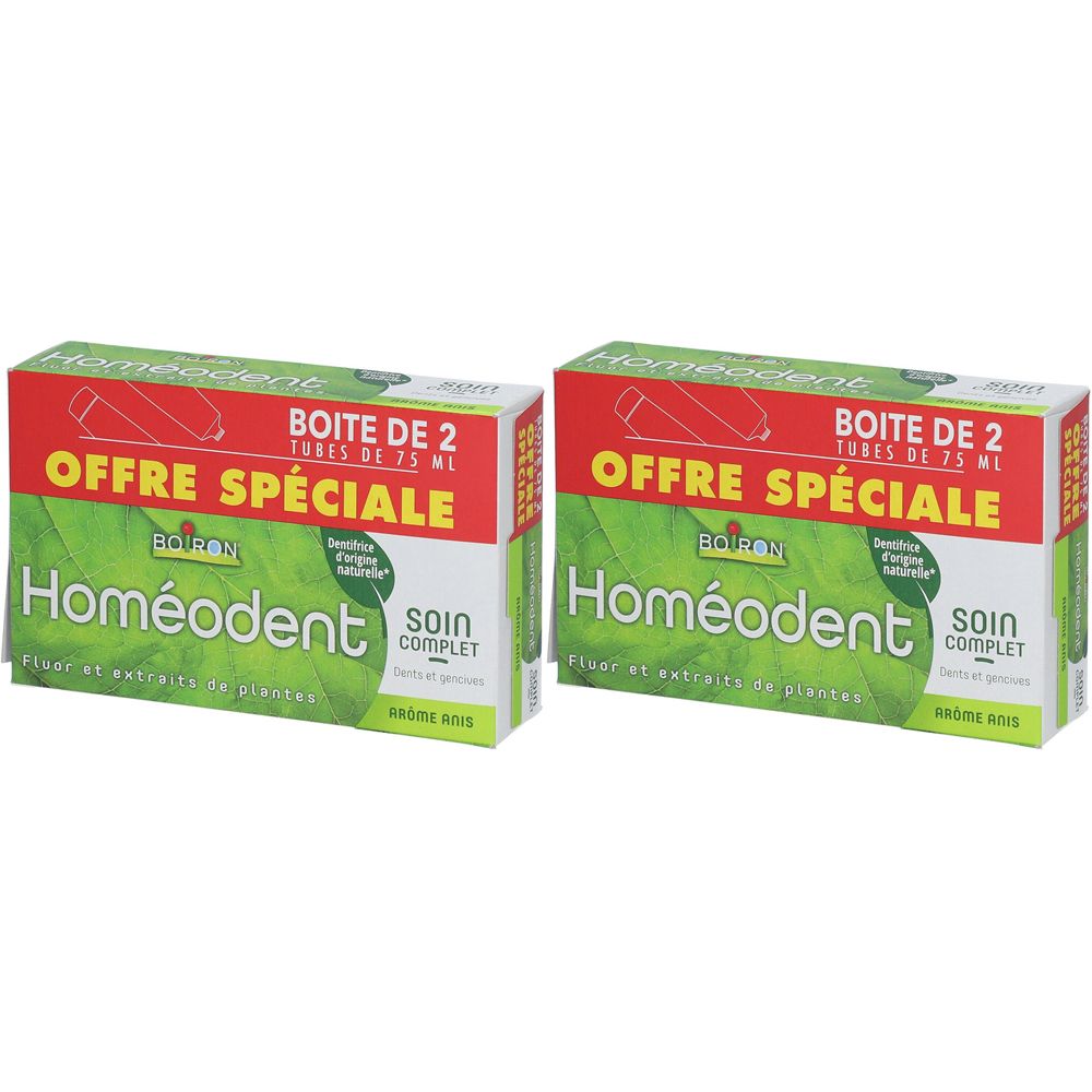 Deux boîtes vertes et rouges. Inscription: Homéodent, Offre Spéciale, Boîte de 2 Tubes de 75 ml. Nom du produit et marque visibles.