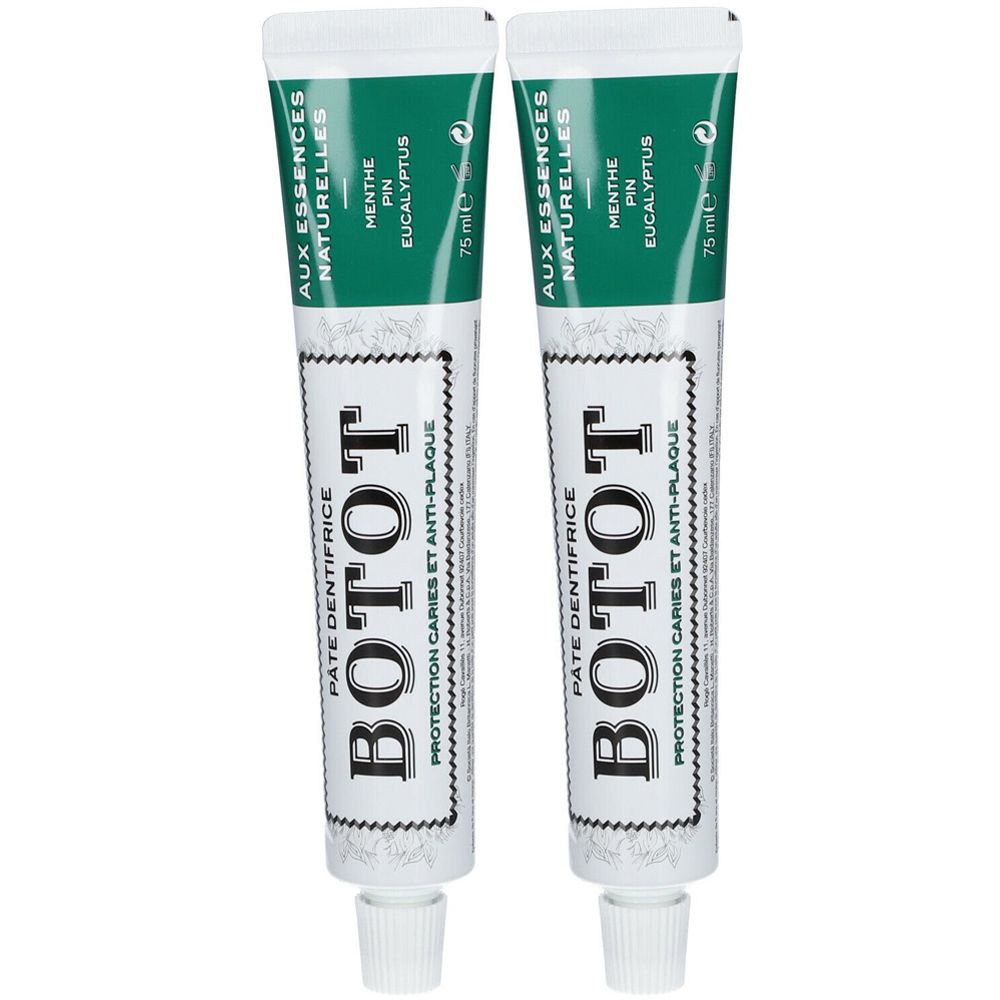 Deux tubes de dentifrice BOTOT. Inscription: Pâte Dentifrice, Menthe, Pin, Eucalyptus. Emballage vert et blanc.