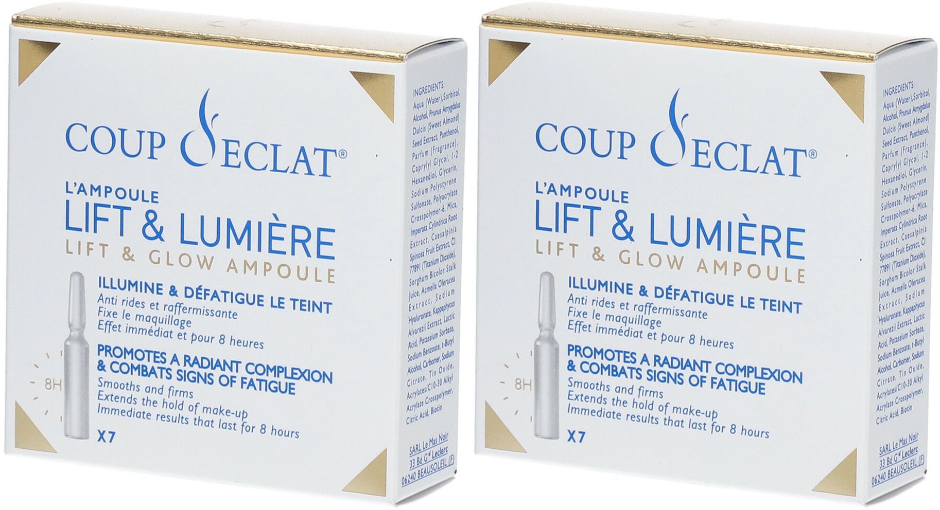 Zwei Schachteln mit Ampullen. Aufschrift: Coup d'Eclat Lift & Lumière. Enthält 7 Ampullen. Text in Französisch.