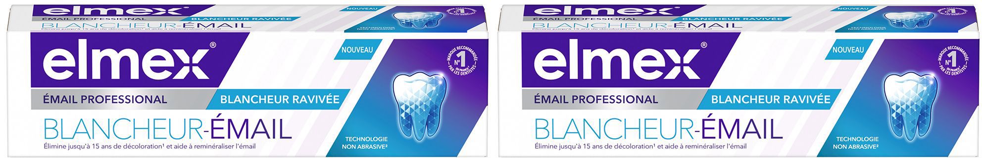 Zwei Zahnpasta-Tuben. Aufschrift: elmex, EMAIL PROFESSIONAL, BLANCHEUR RAVIVE, BLANCHEUR-EMAIL. Abbildung eines Zahns.