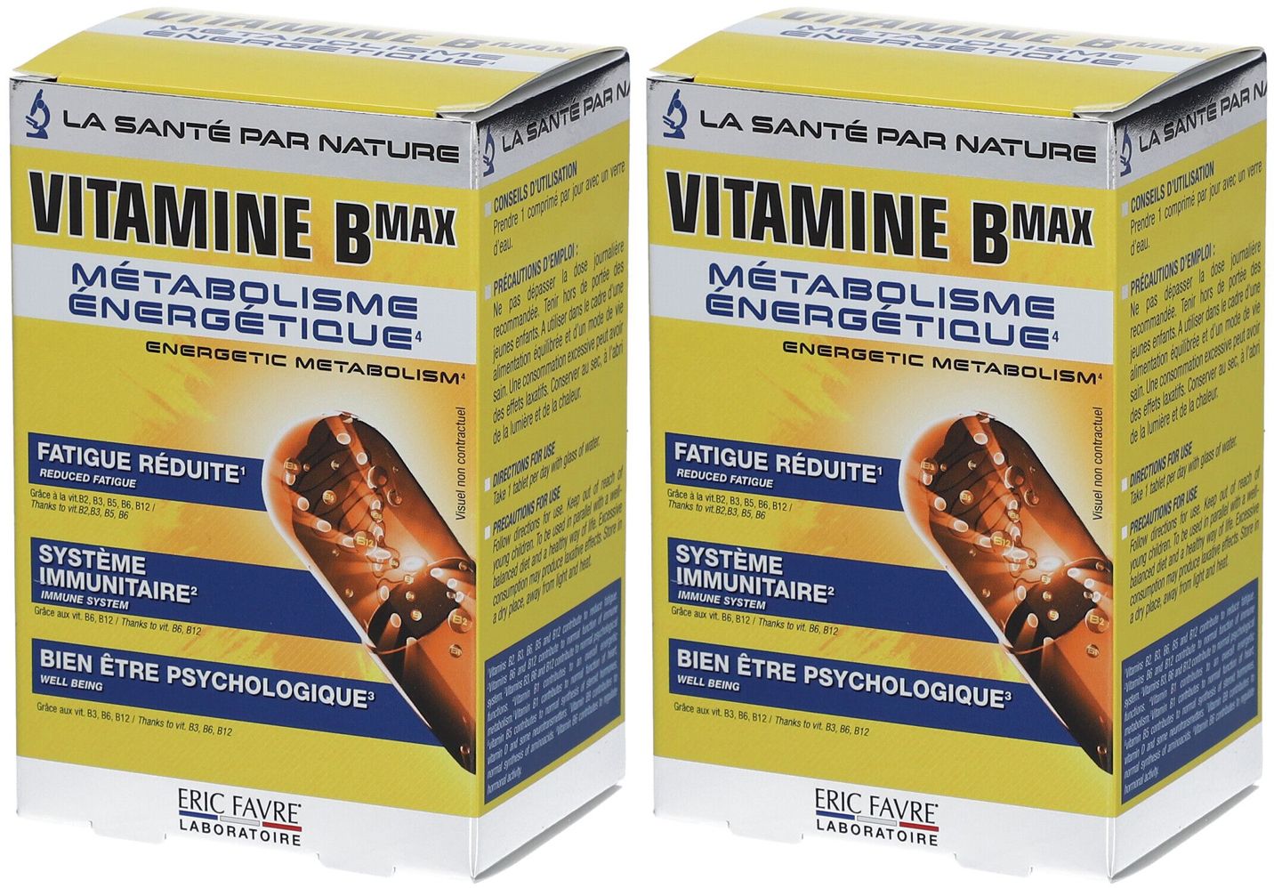 Deux boîtes "VITAMINE BMAX". Emballage jaune avec texte français. Marque : ERIC FAVRE.  Réduit la fatigue, soutient le système immunitaire.