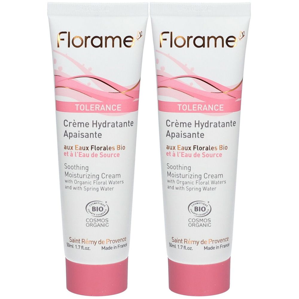 Zwei Tuben Creme. Aufschrift: TOLERANCE Crème Hydratante Apaisante. Bio-Zertifizierung.