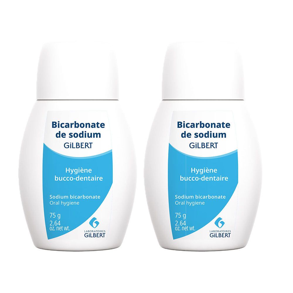 Deux flacons blancs avec étiquettes bleues. Inscription: Bicarbonate de sodium, GILBERT, Hygiène bucco-dentaire, 75 g.
